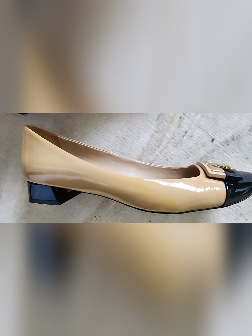 Two-Tone Beige and Black Cap-Toe Ballet Flats with Gold Accent - Picture 16 of 16